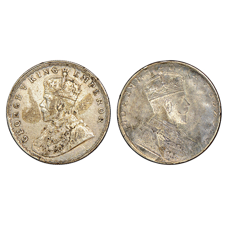 George V, silver rupee, ND (1911-1922 AD), obverse part full brockage (Lakhi) with die imp