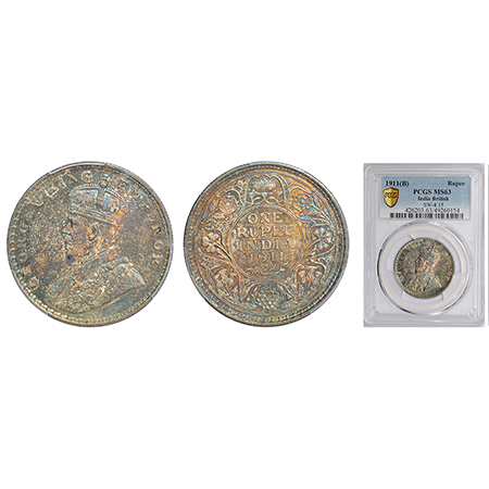 George V, silver rupee, 1911, Bombay mint, dot, ‘Elephant like Pig’ type, PR 217; GK 1022.