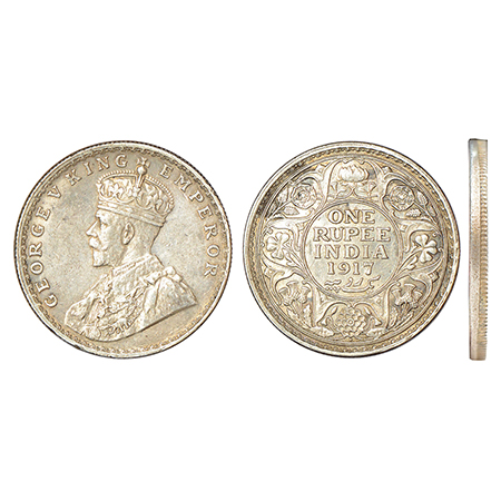 George V, silver rupee, 1917, Bombay mint, dot, PR 223; GK 1036, 11.59g. Rim error, Good v