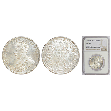 George V, silver rupee, 1918, Bombay mint, dot, PR 224; GK 1038. NGC MS64, Rare.