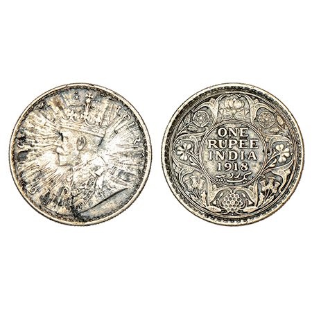 George V, silver rupee, 1918, Bombay mint, dot, PR 224; GK 1038, 11.43g. Sunburst error on