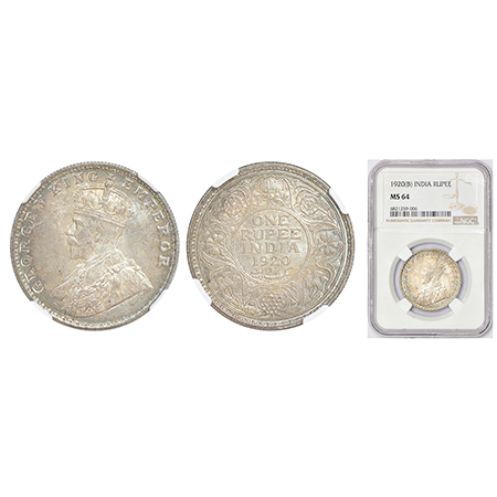 George V, silver rupee, 1920, Bombay mint, dot, PR 226; GK 1042. Toned, NGC MS64, Rare.