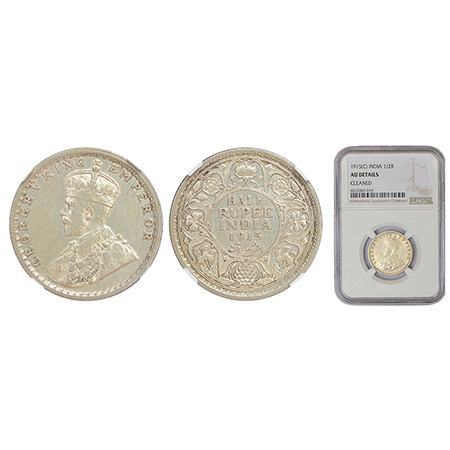 George V, silver ½ rupee, 1915, Calcutta mint, no dot, PR 322; GK 1052. NGC AU Details Cle