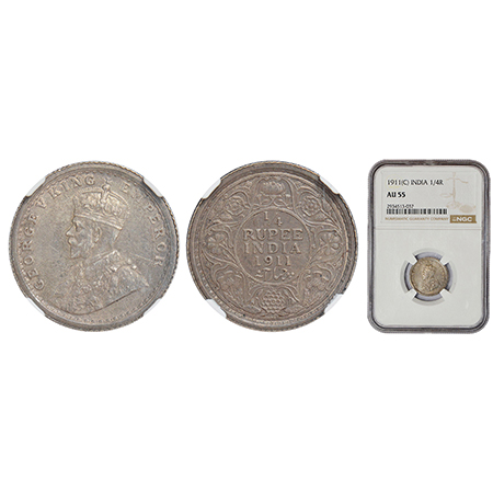 George V, silver ¼ rupee, 1911, Calcutta mint, no dot, pig type, PR 440; GK 1080. NGC AU55