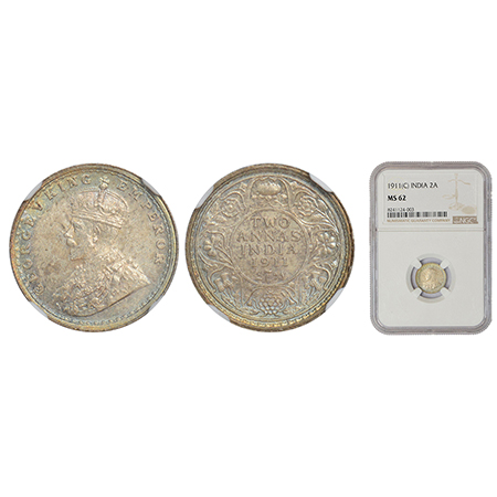 George V, silver 2 annas, 1911, Calcutta mint, no dot, pig type, PR 564; GK 1107. NGC MS62