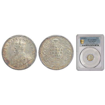 George V, silver 2 annas, 1911, Calcutta mint, no dot, pig type, PR 564; GK 1107. PCGS MS6