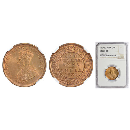George V, bronze ¼ anna, 1934, Calcutta mint, no dot, PR 674; GK 1194. NGC MS67RD (Top pop
