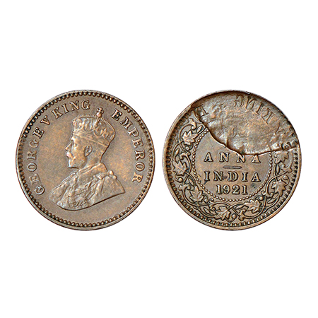 George V, copper 1/12 anna, 1921, Calcutta mint, no dot, obverse part partial brockage (La