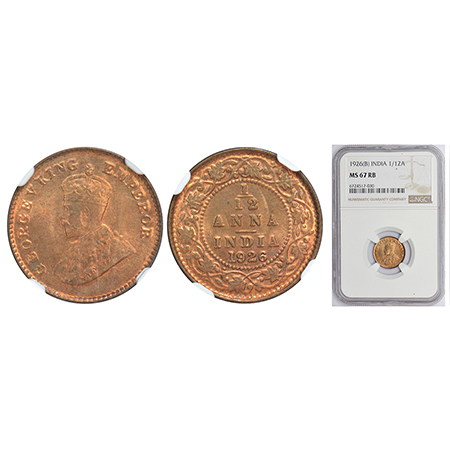 George V, copper 1/12 anna, 1926, Bombay mint, dot, PR 854; GK 1239. NGC MS67RB, Very rare