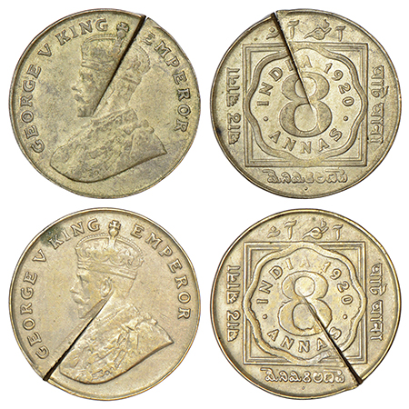 George V, cupro-nickel 8 annas (2), 1920, Bombay mint, dot, PR 873; GK 1079. (2 coins) Min