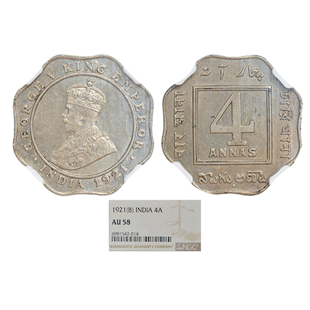 George V, cupro-nickel 4 annas, 1921, Bombay mint, dot, PR 879; GK 1106. NGC AU58, Very ra