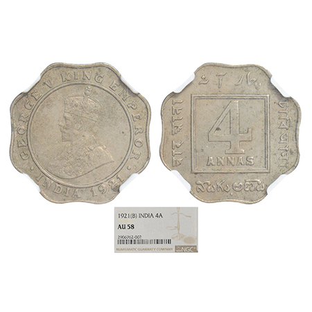 George V, cupro-nickel 4 annas, 1921, Bombay mint, dot, PR 879; GK 1106. NGC AU58, Very ra