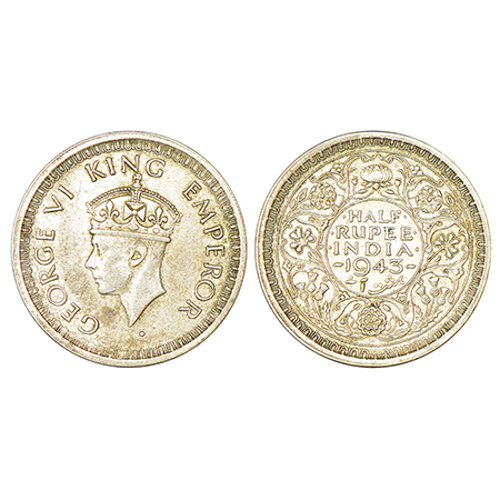 George VI, half silver ½ rupee, 1943, Bombay mint, head type II, B/III/diamond, PR 358; GK