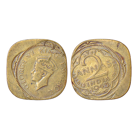 George VI, error nickel-brass 2 annas, 1943, Bombay mint, head type II, PR 919; GK 1360-13