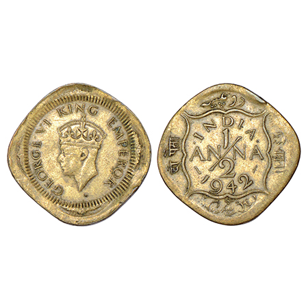 George VI, nickel-brass ½ anna, 1942, Calcutta mint, PR 983; GK 1406, 2.94g. Struck on bro