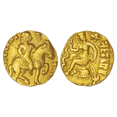Gupta Empire, gold dinar of Kumara Gupta I (c.415-450 AD), 'Horseman' type, Altekar Class 