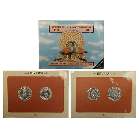 1991, India Tourism Year, UNC set of 2 coins, 5 rupees and 2 rupees, Bombay mint, RB 154, 