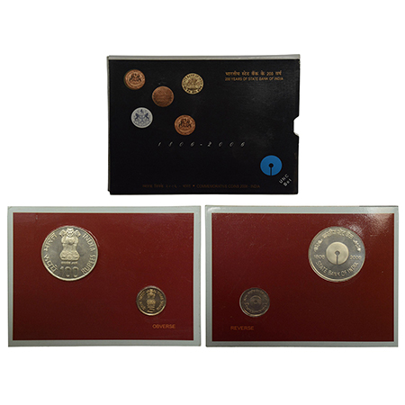 2006, 200th years of State Bank of India, UNC set of 2 coins, 100 rupees and 5 rupees, Kol