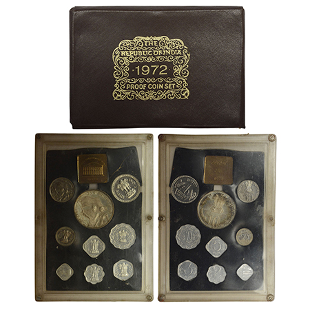 1972, 25th Anniversary of Independence, Proof set of 9 coins, 10 rupees, 1 rupee, 50 paise