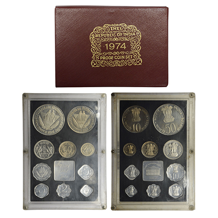 1974, Planned Families - Food for All, Proof set of 10 coins, 50 rupees, 10 rupees, 1 rupe