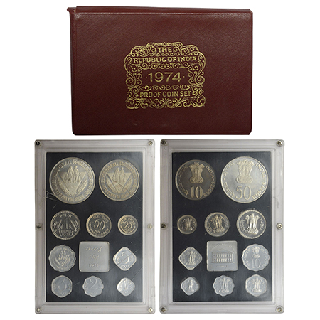 1974, Planned Families - Food for All, Proof set of 10 coins, 50 rupees, 10 rupees, 1 rupe