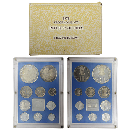 1975, Equality Development Peace, Proof set of 10 coins, 50 rupees, 10 rupees, 1 rupee, 50