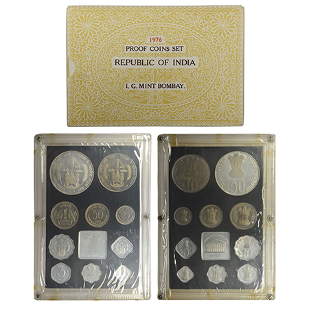 1976, Food & Work for All, Proof set of 10 coins, 50 rupees, 10 rupees, 1 rupee, 50 paise,