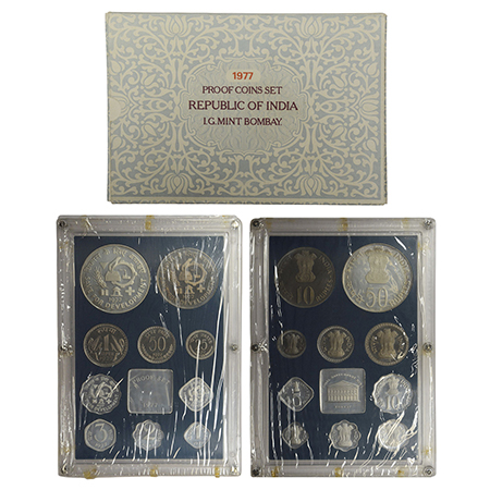 1977, Save For Development, Proof set of 10 coins, 50 rupees, 10 rupees, 1 rupee, 50 paise