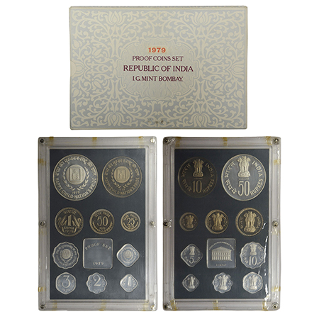 1979, Happy Child Nation's Pride, Proof set of 10 coins, 50 rupees, 10 rupees, 1 rupee, 50