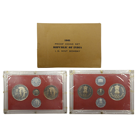 1981, World Food Day, Proof set of 4 coins, 100 rupees, 10 rupees, 25 paise and 10 paise, 