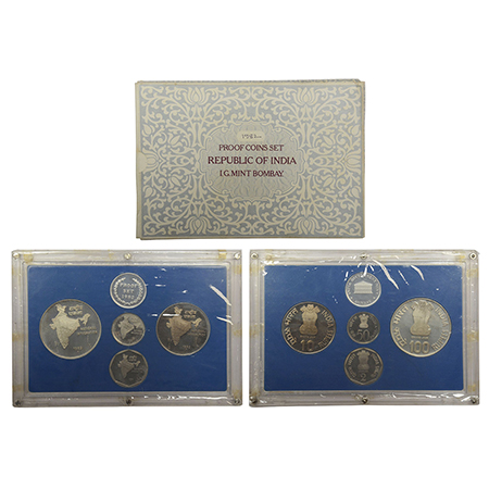 1982, National Integration, Proof set of 4 coins, 100 rupees, 10 rupees, 2 rupees and 50 p