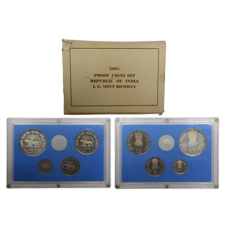 1985, Reserve Bank of India - Golden Jubilee, Proof set of 4 coins, 100 rupees, 10 rupees,