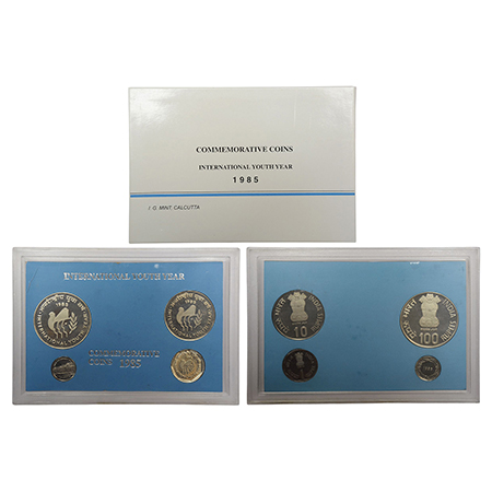 1985, International Youth Year, Proof set of 3 coins, 100 rupees, 10 rupees and 1 rupee, C