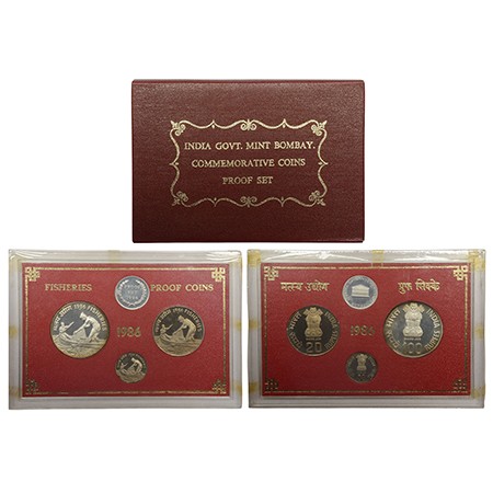 1986, Fisheries, Proof set of 3 coins, 100 rupees, 20 rupees and 50 paise, Bombay mint, RB