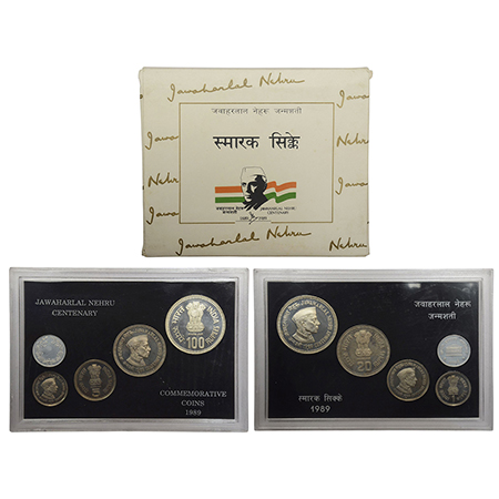 1989, Jawaharlal Nehru birth centenary, Proof set of 4 coins, 100 rupees, 20 rupees, 5 rup