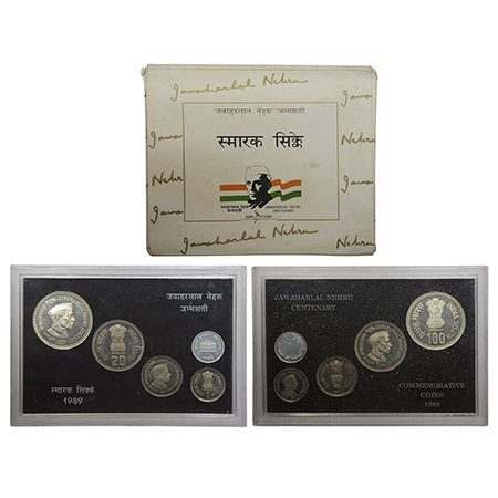 1989, Jawaharlal Nehru birth centenary, Proof set of 4 coins, 100 rupees, 20 rupees, 5 rup