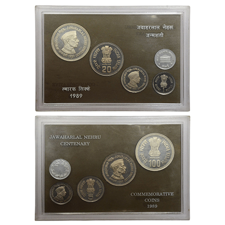 1989, Jawaharlal Nehru birth centenary, Proof set of 4 coins, 100 rupees, 20 rupees, 5 rup