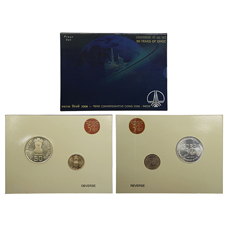 2006, 50 Years of ONGC, Proof set of 2 coins, 50 rupees and 5 rupees, Kolkata mint, RB 307