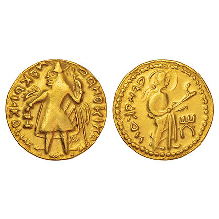 Post Gupta coinage in Bengal, Samatata region - gold dinar imitating Kushan coin design (c