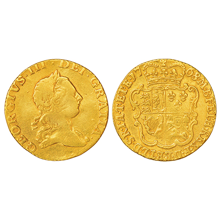 Great Britain, George III, gold ½ guinea, 1768, KM 599, 4.10g. Obv: Head to right. Rev: Cr