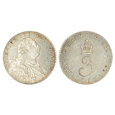 Great Britain, George III, silver 3 pence, 1792, KM 612, 1.44g. Obv: Armoured head to righ
