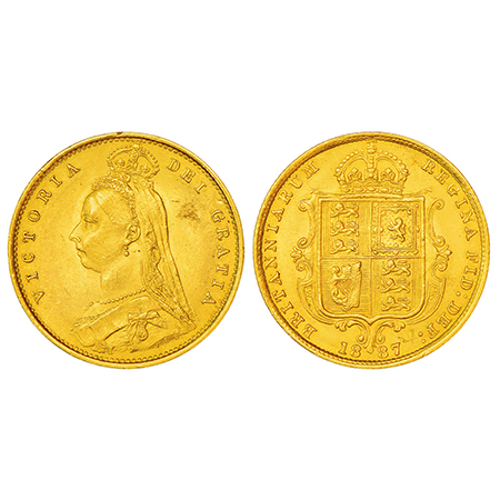 Great Britain, Victoria, gold ½ sovereign, 1887, KM 766. Obv: Crowned and veiled Jubilee b