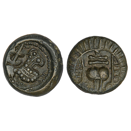 Vishnukundin dynasty of Vengi, uninscribed alloyed copper coin of 'Lion' type (c.500-600 A