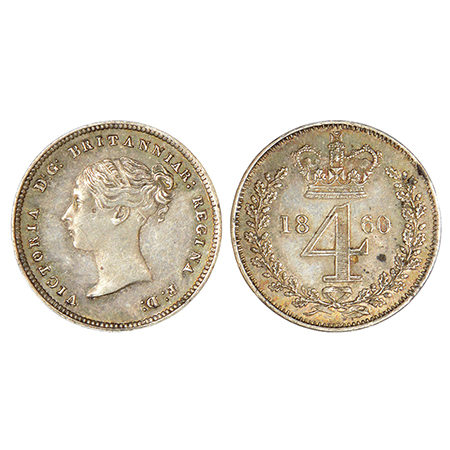 Great Britain, Victoria, silver 4 pence (groat), 1860, KM 732, 1.89g. Obv: Head to left. R
