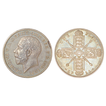 Great Britain, George V, silver florin (2 shillings), 1911, KM 817, 11.26g. Obv: Head to l