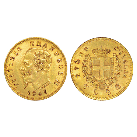Italy, Vittorio Emanuele II, gold 5 lire, 1865, 'T/BN' mint mark, KM 17, 1.60g. Obv: Portr