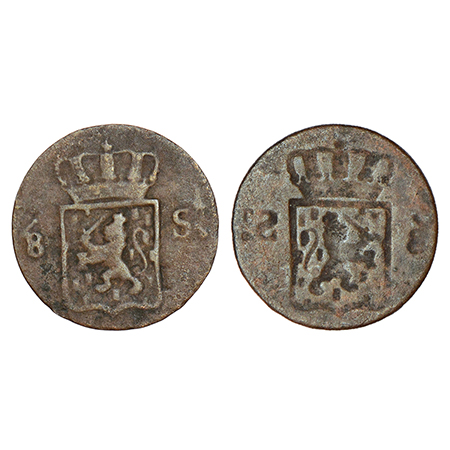 Netherlands East Indies, copper ⅛ stuiver (½ duit), crowned arms divide denomination on ob