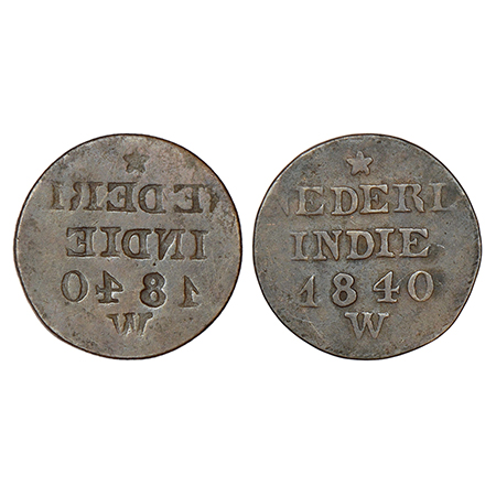 Netherlands East Indies, copper cent, 1840; reverse part brockage (lakhi) on obverse, 3.17