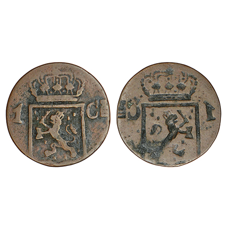 Netherlands East Indies, copper cent, crowned arms divides denomination on obverse; obvers