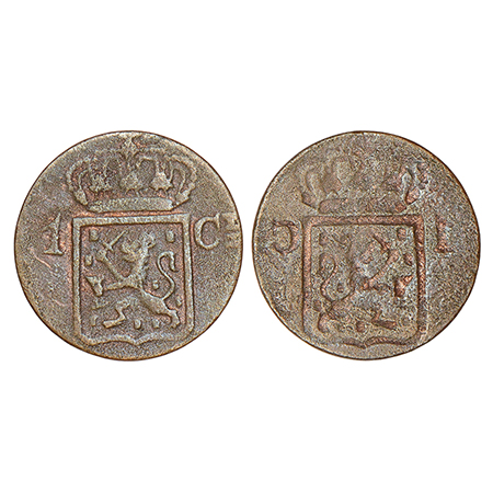 Netherlands East Indies, copper cent, crowned arms divides denomination on obverse; obvers